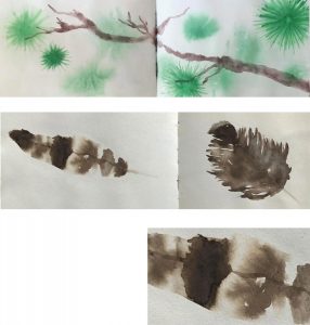 Pine Branch and Feathers: watercolor + Feather (detail)
